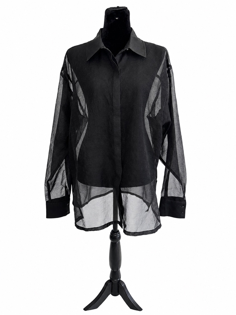 Open Edit Black Sheer Button Down Blouse Size Medium